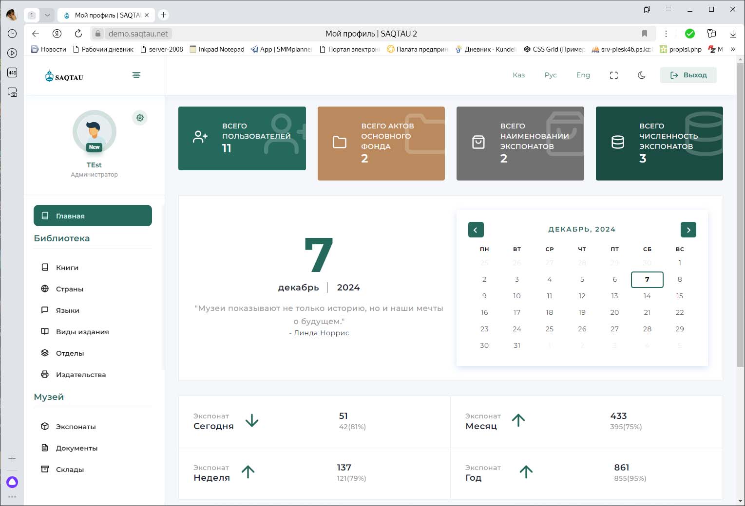 Статистика и последние введённые документы музея